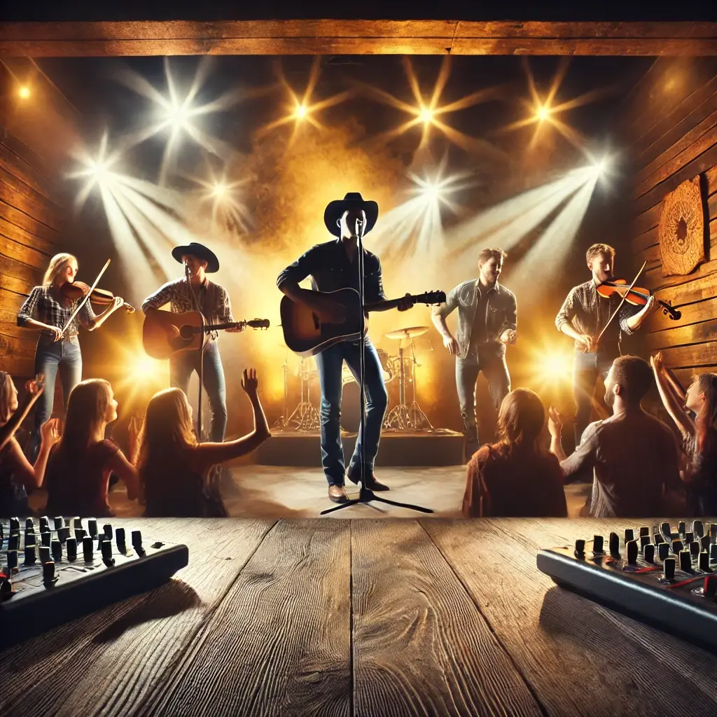 Promuovere band country online – Un gruppo musicale country in evidenza su una piattaforma digitale, con grande visibilità e fan in crescita.